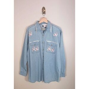 Vintage Infinity Fashions Western Floral Cowgirl Embroidered Denim Blouse Size L